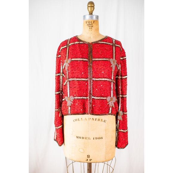 VTG 90s Laurence Kazar Beaded Christmas Blazer Red Silver Holiday Bow Jacket PXL - Picture 9 of 11